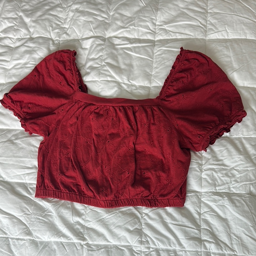 American Eagle Outfitters Red Puff Sleeve Smocked Crop Blouse
